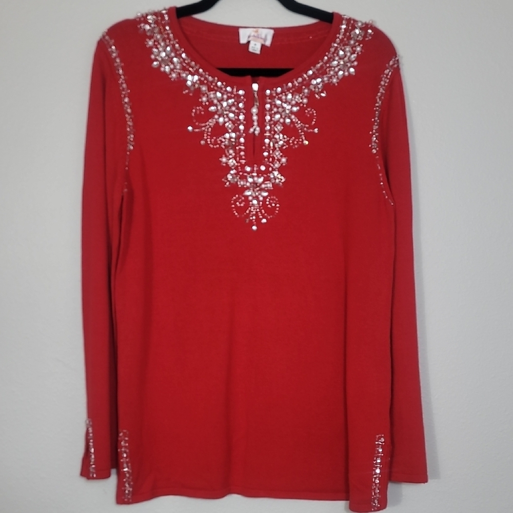 Quacker Factory Sequin Sweater Size M Red Pearls Embellished Knit Long Sleeve